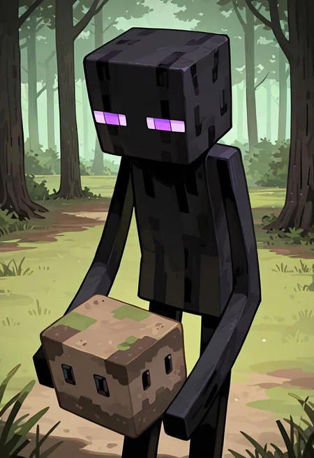 masterpiece, best quality, amazing quality, very aesthetic, absurdres, newest, , detailed background,
klskx
enderman, no humans, purple eyes, rectangle eyes, , solo, male focus, black skin, no mouth, square head, square body, black head , pokemon (creature),
holding dirt block, forest, dirt block, grass, woods,