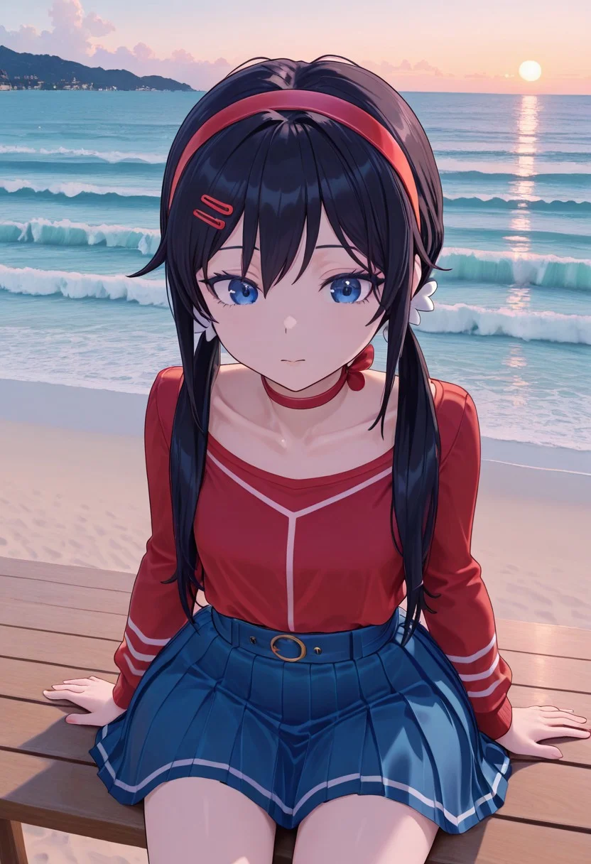 sitting in cafe near beach beautiful island, clear water, waves, ochean, amazing landscape, mita,1girl, solo, petite, hair ornament, perfect, sexy, twintails, red choker, red hairband, long hair,blue_eyes, black hairs, blue skirt, white bows, two ordinary small red clips, red shirt
