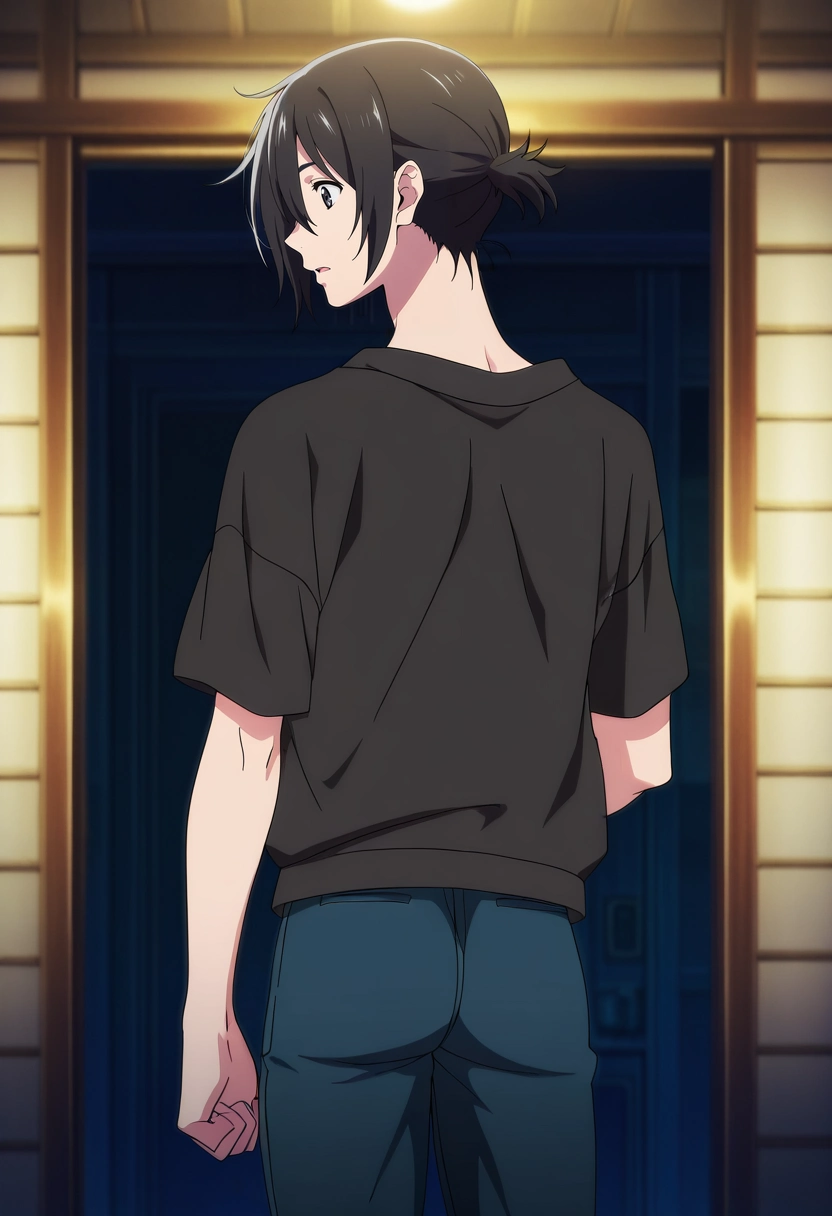 masterpiece, best quality, anime screencap, official style, anime coloring, cowboy shot, 1boy, solo, male focus, <lora:mio_chibana_ilxl:0.98>, mio_chibana, black hair, black eyes, short hair, hair between eyes, short ponytail, straight-on, ayers rock, indoors, light, ass, speaking, talking,