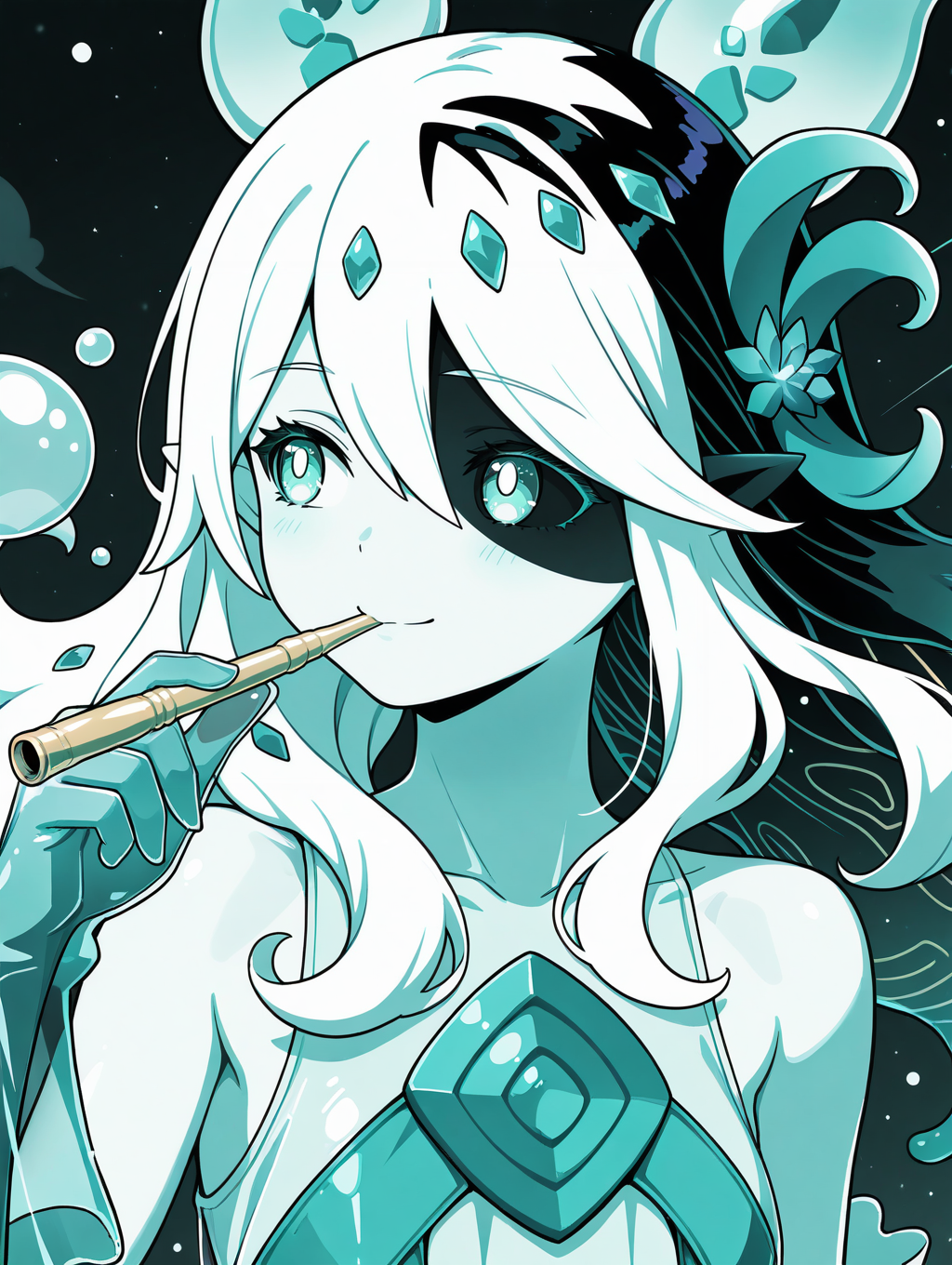 monster girl, icejade acti, solo, 1girl, smile, monochrome, upper body, hair flower, see-through body, see-through gloves, see-through dress, blowing bubbles, holding bubble pipe, looking to the side, heterochromia
masterpiece,best quality,amazing quality,very aesthetic,absurdres,newest,<lora:Icejade Acti illuXL v1.2:0.83>,
