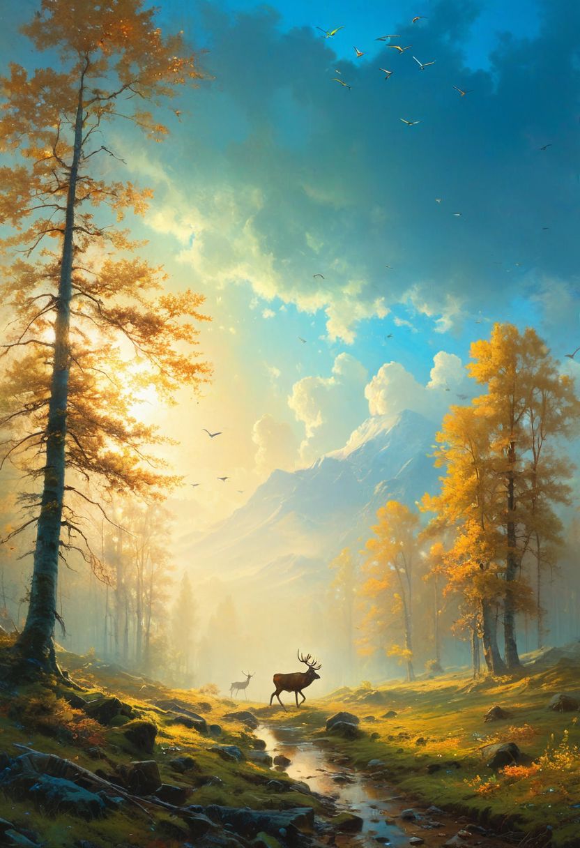 ((masterpiece, best quality, high quality, highres, ultra-detailed)), sunlight,blue sky, epic clouds, (oil painting:0.1),  (best quality, 8K, high resolution, extreme detail, outstanding composition:1.4), art by Jeremy Mann, god rays, dramatic light,  aesthetic of hard - edge painting:0.1), Indians hunting lore with bows, forest in the background, deers running in the distance, birds in the sky, Wellingtons, full body, oil on canvas, (ivan aivazovsky:0.1), (best quality, high resolution, extreme detail, outstanding composition, masterpiece:1.4), award winning, Gigginox , (aesthetic of conceptual art with volcanic atmosphere:0.5), screen space reflections (ssr), absolute sharpness, f/11, symmetry and balance, distinctive breathtaking magnum with delicate details, (autumn colours:0.1), epic shot, action shot