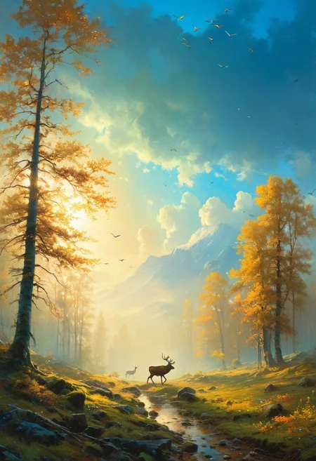 ((masterpiece, best quality, high quality, highres, ultra-detailed)), sunlight,blue sky, epic clouds, (oil painting:0.1),  (best quality, 8K, high resolution, extreme detail, outstanding composition:1.4), art by Jeremy Mann, god rays, dramatic light,  aesthetic of hard - edge painting:0.1), Indians hunting lore with bows, forest in the background, deers running in the distance, birds in the sky, Wellingtons, full body, oil on canvas, (ivan aivazovsky:0.1), (best quality, high resolution, extreme detail, outstanding composition, masterpiece:1.4), award winning, Gigginox , (aesthetic of conceptual art with volcanic atmosphere:0.5), screen space reflections (ssr), absolute sharpness, f/11, symmetry and balance, distinctive breathtaking magnum with delicate details, (autumn colours:0.1), epic shot, action shot