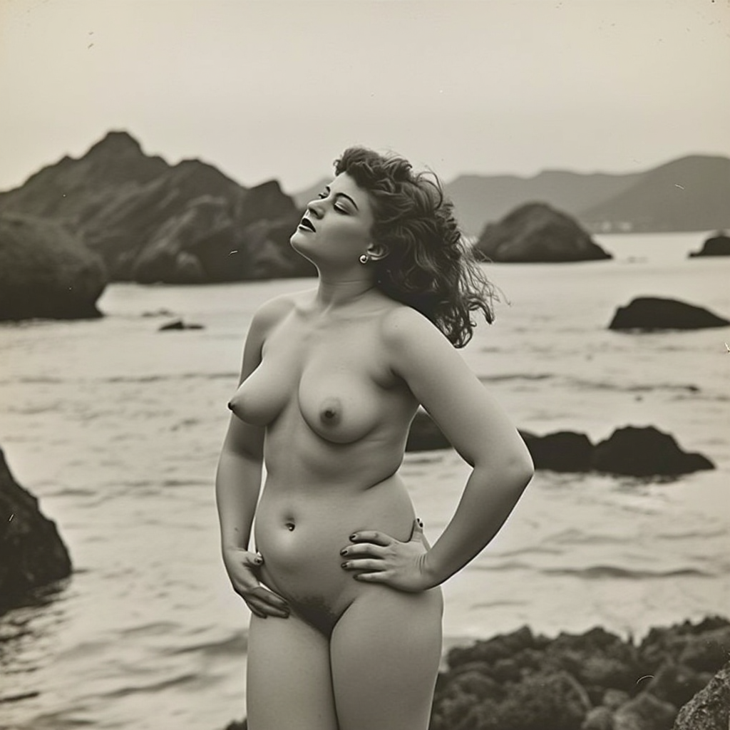 V1nt4g3. This black-and-white photograph, likely taken in the 1940s or 1950s, features a nude woman standing on a beach with a dramatic coastal landscape in the background. The woman is standing near a body of water, possibly the ocean, with large rock formations and distant cliffs visible in the background. 

She is depicted in a sensual, contemplative pose with her head tilted slightly back, eyes closed, and mouth slightly open, suggesting a moment of quiet reflection. Her hair is styled in a 1940s wave, cascading down her back. She has a voluptuous figure with large, prominent breasts, a curvy waist, and wide hips. Her skin tone is light, and her body appears soft and smooth, with a slight curve to her posture.

She is covering her pubic area with her hands, fingers delicately intertwined, but her arms and hands are visible, with her left hand resting on her left hip and her right hand partially covering her genital area.