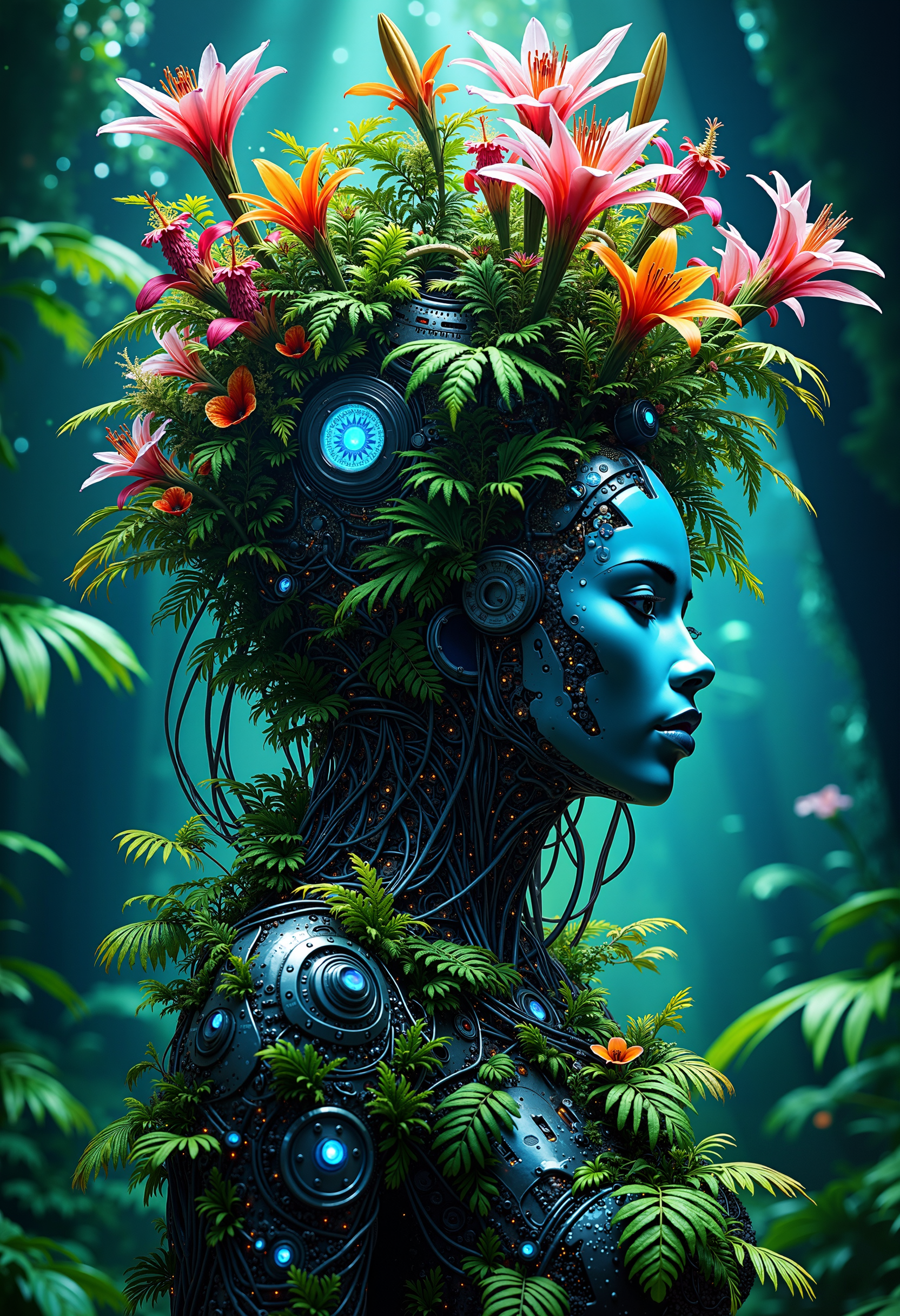 bo-naturepunk, naturecyberpunk, greenpunk, futuristic botanical fusion, depicting a cybernetic figure intertwined with vibrant tropical flora. Setting features a glowing, bioluminescent background with deep blues and greens, evoking a serene underwater atmosphere. The figure's head is adorned with colorful flowers like pink lilies and orange blossoms, with lush green leaves cascading down in a wild yet harmonious manner. Metallic cybernetic elements, including illuminated wires and intricate machinery, contrast sharply with the organic textures. The overall aesthetic combines hyperrealism with a touch of surrealism, showcasing the blend of nature and technology in vivid detail. Bright accents of orange and blue lighting enhance the visual depth and dimension of the scene.<lora:FLUX Naturepunk\bo-naturepunk-000012.safetensors:1.0:1.0>