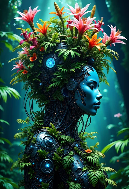 bo-naturepunk, naturecyberpunk, greenpunk, futuristic botanical fusion, depicting a cybernetic figure intertwined with vibrant tropical flora. Setting features a glowing, bioluminescent background with deep blues and greens, evoking a serene underwater atmosphere. The figure's head is adorned with colorful flowers like pink lilies and orange blossoms, with lush green leaves cascading down in a wild yet harmonious manner. Metallic cybernetic elements, including illuminated wires and intricate machinery, contrast sharply with the organic textures. The overall aesthetic combines hyperrealism with a touch of surrealism, showcasing the blend of nature and technology in vivid detail. Bright accents of orange and blue lighting enhance the visual depth and dimension of the scene.<lora:FLUX Naturepunk\bo-naturepunk-000012.safetensors:1.0:1.0>
