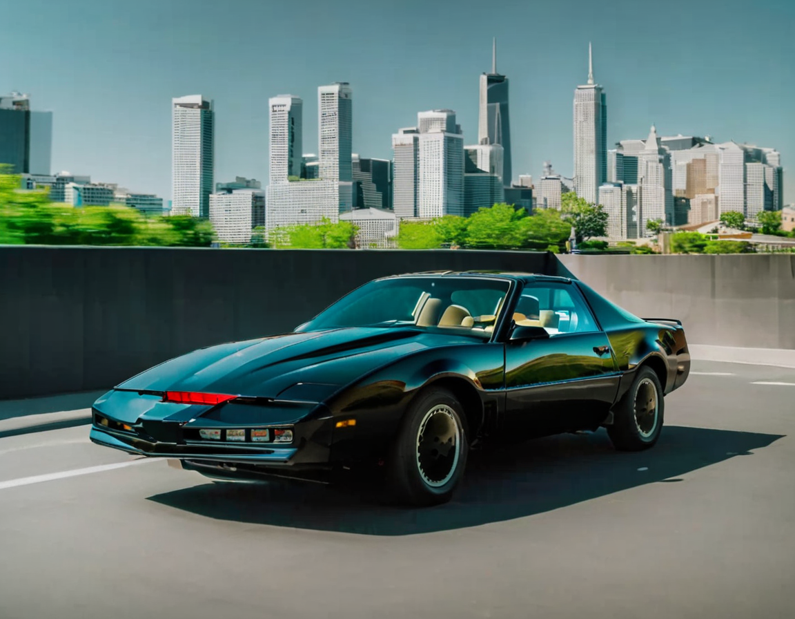 chrome car kitt1984 with a city in the background  <lora:kitt1984XL:1>