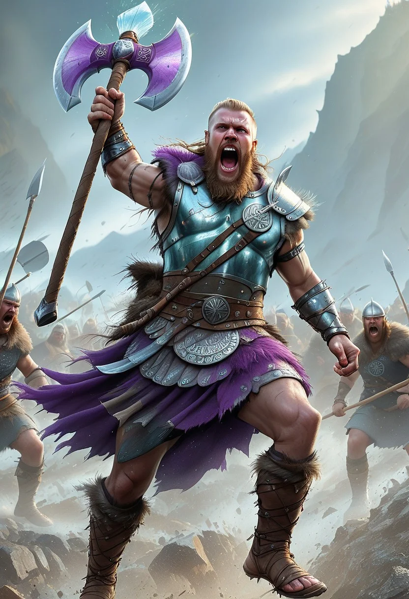 flu0rite, iridiscent, VALHERO viking warrior wearing armor holding a fluorite and running
and yelling mineral axe during the Battle of Ragnarok