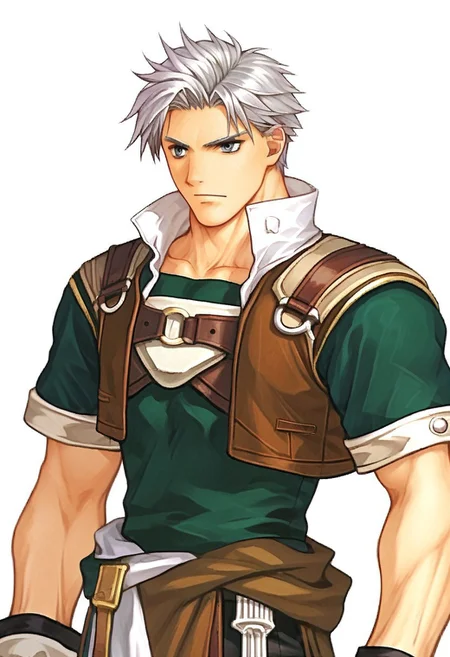 score_9, score_8_up, score_7_up, 1boy, (muscular:0.7), toned male, natgra2, gray eyes, short hair, silver hair, steel greaves, plated footwear, brown skirt, black pants, green shirt, brown leather vest, silver belts, white gloves, silver chest plate, holding whip (weapon), fe10portraits, portrait, white background