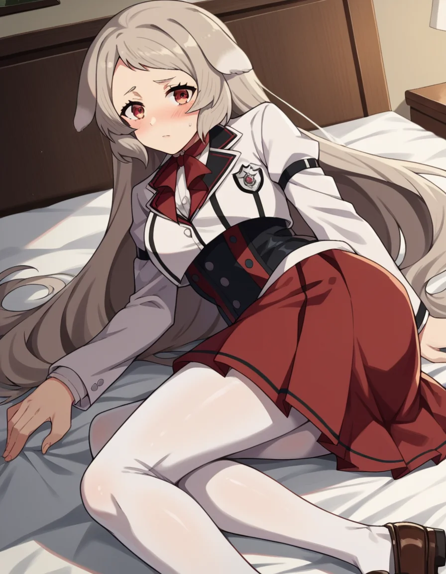 score_9, score_8_up, score_7_up, source_anime,
pursenaadoldia, <lora:pursena-adoldia-s2-ponyxl-lora-nochekaiser:1>,
pursena adoldia, long hair, red eyes, animal ears, very long hair, grey hair,
skirt, long sleeves, pantyhose, frills, shoes, red skirt, loafers, white pantyhose, blazer, white blazer, corset, black corset,
indoors, bed, bed room, on side, blush, drunk,
looking at viewer, dutch angle, cowboy shot,