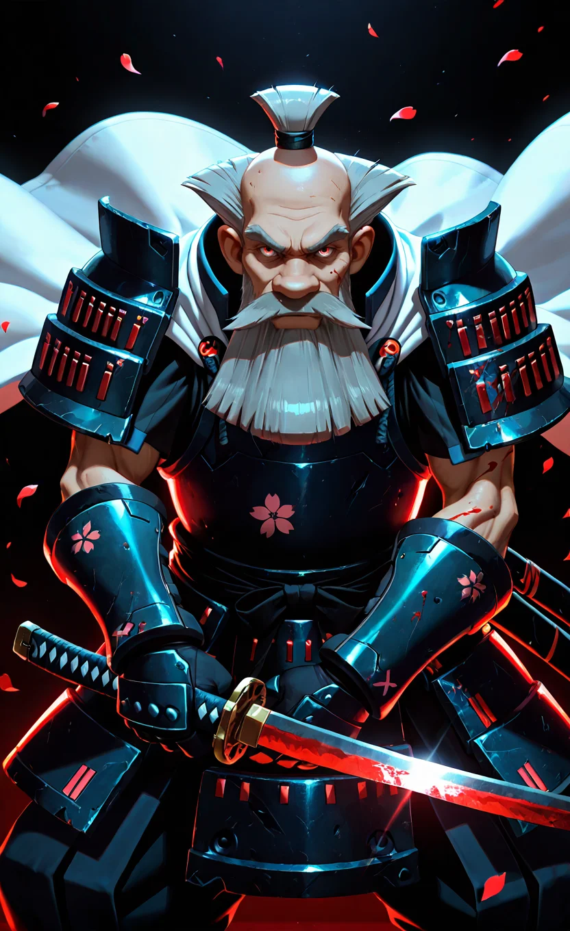 (masterpiece), (best quality), (ultra-detailed),
<lora:NOOB_vp1_detailer_by_volnovik_v1:1.4>
<lora:tihon:1> tihon, 1boy, male focus, facial hair, mustache, blue eys, beard, grey hair, old, bald, closed mouth, blood,
weapon, (katana,:1.2) holding, holding weapon, holding sword, holding katana, engraved katana, fighting stance, two-handed, 1girl, solo, looking at viewer, (headgear,:1.2) saishi, japanese armor, dou, sidelighting, petals, falling petals, floral print, shoulder armor, gauntlets, white cape, vambraces, kusazuri, <lora:cfg_scale_boost:0.8> <lora:dark_v1.9-pony:1> dark theme, dim lighting, black theme, dark background, dark room, black background, silhouette, backlighting in a cyberpunk outfit. Futuristic, dystopian, metallic, neon
