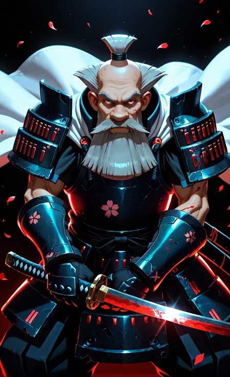 (masterpiece), (best quality), (ultra-detailed),
<lora:NOOB_vp1_detailer_by_volnovik_v1:1.4>
<lora:tihon:1> tihon, 1boy, male focus, facial hair, mustache, blue eys, beard, grey hair, old, bald, closed mouth, blood,
weapon, (katana,:1.2) holding, holding weapon, holding sword, holding katana, engraved katana, fighting stance, two-handed, 1girl, solo, looking at viewer, (headgear,:1.2) saishi, japanese armor, dou, sidelighting, petals, falling petals, floral print, shoulder armor, gauntlets, white cape, vambraces, kusazuri, <lora:cfg_scale_boost:0.8> <lora:dark_v1.9-pony:1> dark theme, dim lighting, black theme, dark background, dark room, black background, silhouette, backlighting in a cyberpunk outfit. Futuristic, dystopian, metallic, neon