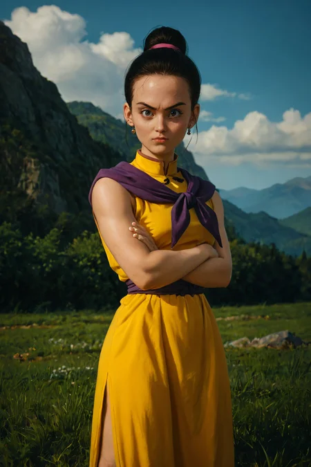 zPDXL3, <lora:chichi_pony_v3e20:.6>
chi-chi, buu saga, black hair, black eyes, single hair bun, yellow chinese dress, purple neckerchief, sleeveless, side slit, teal pants, looking at viewer, serious, standing, arms crossed, outside, mountain, grass, sunny, blue sky,