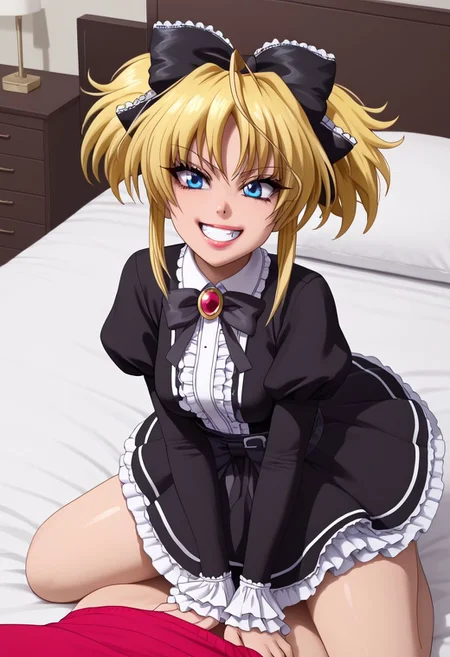 Masterpiece, best quality, high quality, highres, 4k, detailed face, detailed_eye_model, Expressiveh, mittelt, blonde hair, blue eyes, narrowed eyes, messy hair, bangs, ahoge, short twintails, medium hair, sidelocks, fang, hair bow, gothic, medium breasts, ahoge, shortstack, grin, shiny lips, lipgloss, gyaru, bmbplora, long eyelashes, gothic dress, frilled dress, parasol,