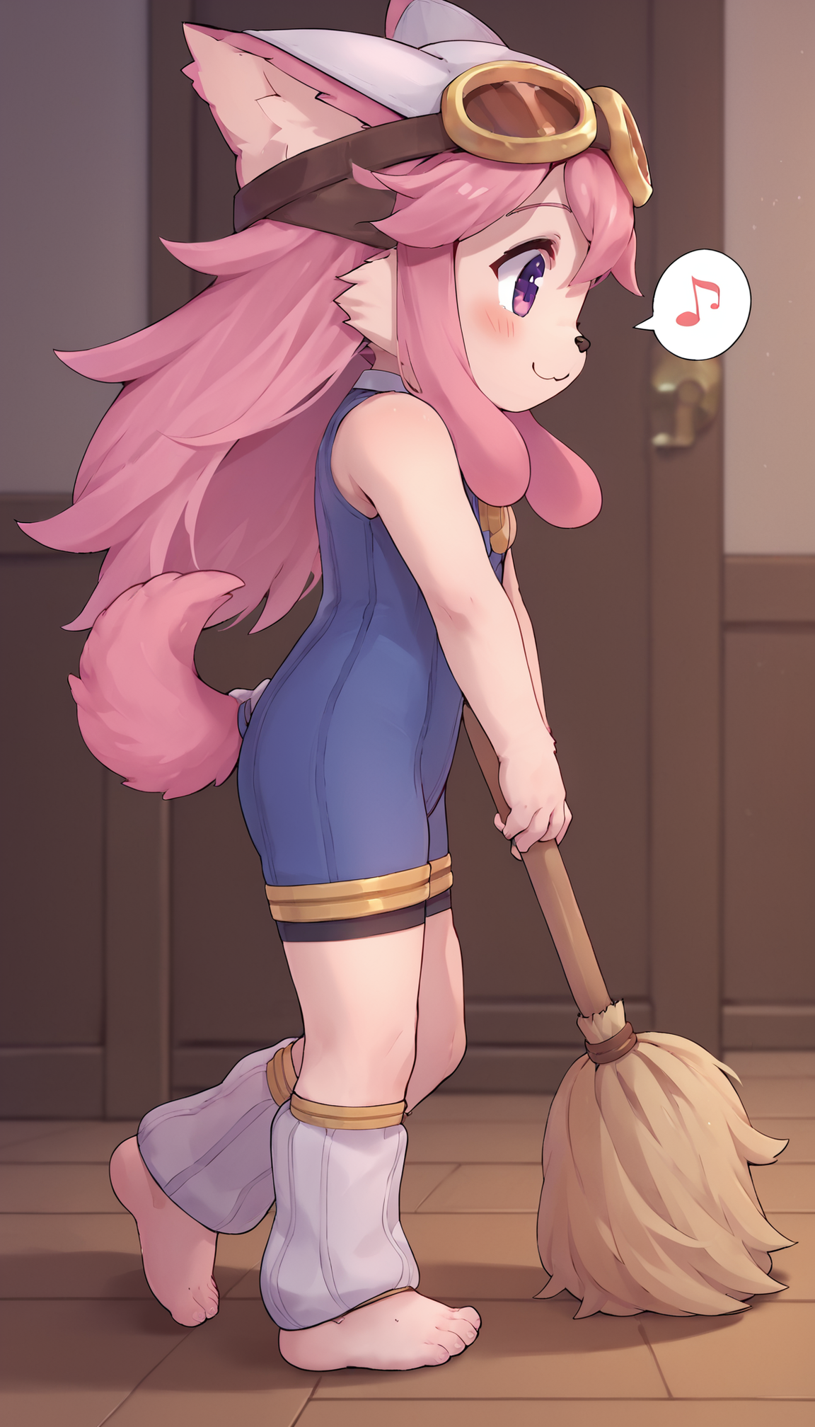 source_anime, score_8_up, score_7_up, chocolatsr, 1girl, (chibi, cutesy:1.2), cute, furry female, dog girl, pink fur, long hair, pink hair, dog tail, body fur, purple eyes, animal ears, animal nose, bodysuit, sleeveless, goggles on headwear, leg warmers, barefoot, smile, blush, speech bubble, musical note, from side, looking down, solo, holding broom, large broom, broomstick, two-handed, cleaning, sweeping, dust, motion lines, walking, indoors, wood floor, embedding:zPDXL2