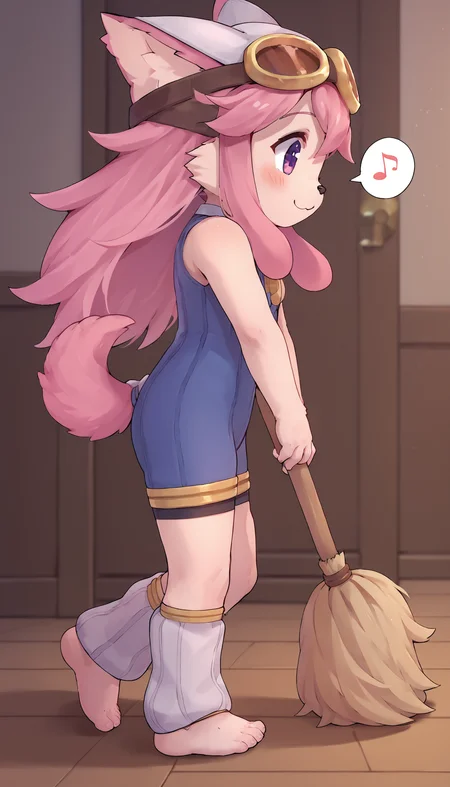 source_anime, score_8_up, score_7_up, chocolatsr, 1girl, (chibi, cutesy:1.2), cute, furry female, dog girl, pink fur, long hair, pink hair, dog tail, body fur, purple eyes, animal ears, animal nose, bodysuit, sleeveless, goggles on headwear, leg warmers, barefoot, smile, blush, speech bubble, musical note, from side, looking down, solo, holding broom, large broom, broomstick, two-handed, cleaning, sweeping, dust, motion lines, walking, indoors, wood floor, embedding:zPDXL2
