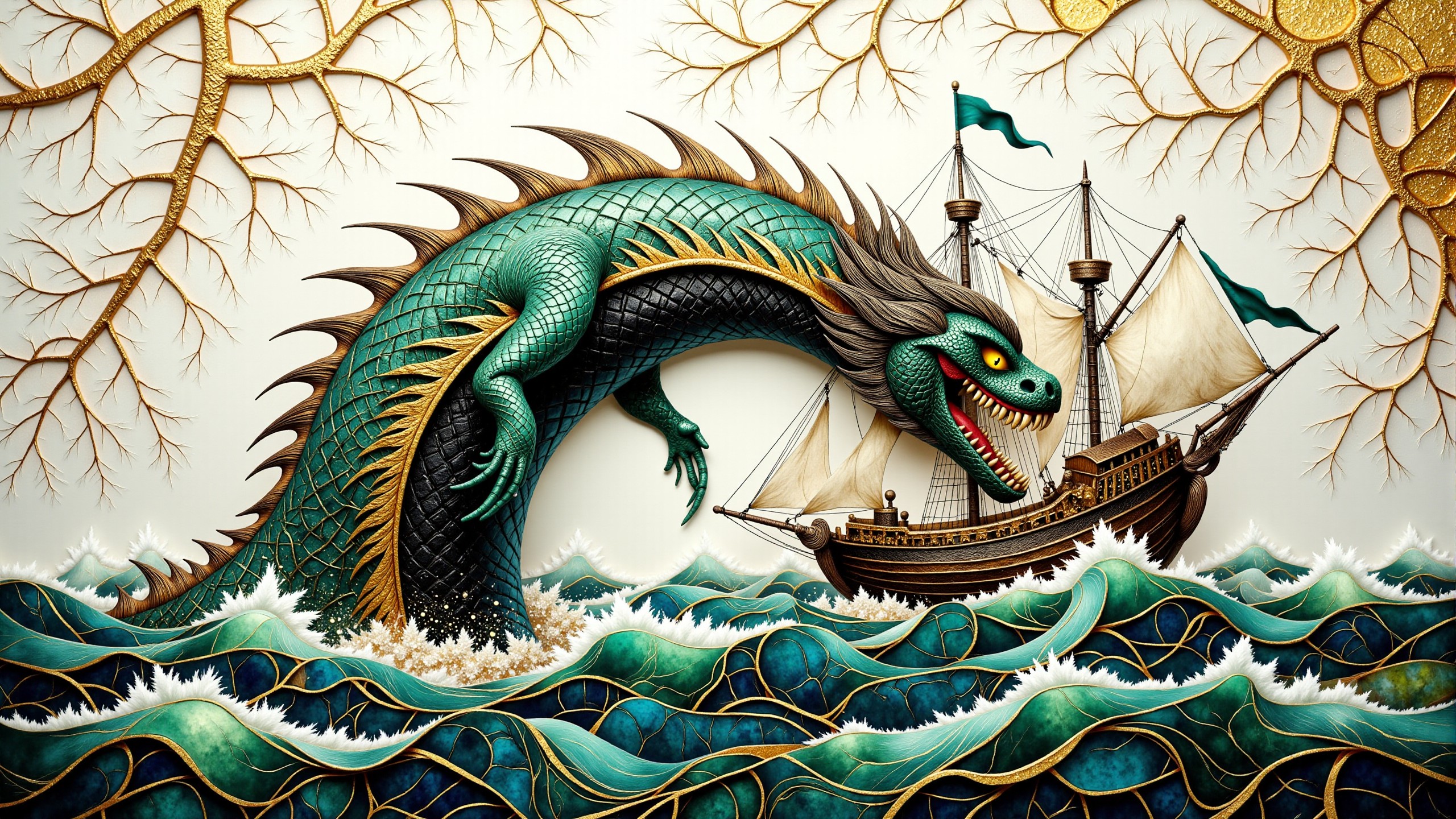 A sumptuous mixed media artwork depicting white-toned a giant sea monster swallowing a Viking ship <lora:Viking_Ship:1>, steampunk, intricate black and green ebru, damaged, billowing bright dust, very detailed. The overall feel of the image is painterly. Additionally the image incorporates flowing lines and a very fine network of branching golden cracks. The general effect is of timeless fine art elegance. <lora:golden_cracks_on_white_Flux:0.5> <lora:BlackColor:0.5> <lora:midjourney_whisper_chromaplex_v1:0.5>