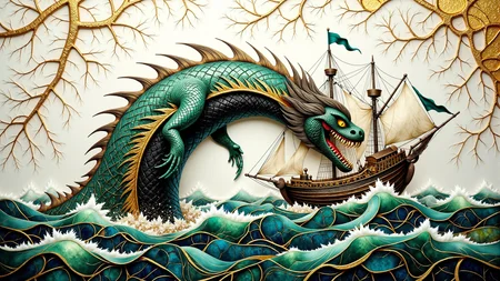 A sumptuous mixed media artwork depicting white-toned a giant sea monster swallowing a Viking ship <lora:Viking_Ship:1>, steampunk, intricate black and green ebru, damaged, billowing bright dust, very detailed. The overall feel of the image is painterly. Additionally the image incorporates flowing lines and a very fine network of branching golden cracks. The general effect is of timeless fine art elegance. <lora:golden_cracks_on_white_Flux:0.5> <lora:BlackColor:0.5> <lora:midjourney_whisper_chromaplex_v1:0.5>