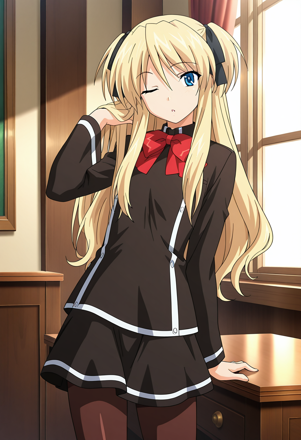 masterpiece, best quality, very aesthetic, absurdres, 1girl, solo, official style,
<lora:qma_shalon_v01:0.9>, qma_shalon, blonde hair, long hair, two side up, blue eyes,
black hair ribbon, black school uniform, red bow, bowtie, skirt, brown pantyhose, one eye closed, parted lips, brushing hair