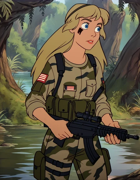 score_9, score_8_up, score_7_up <lora:eilonwy-ponyxl-000050:1> eilonwy, camouflage, hairband,
1girl, solo, river, facepaint, airsoft, jungle
