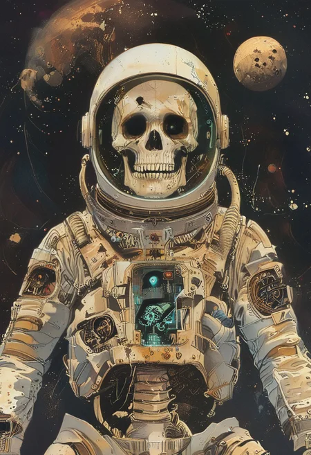 score_9,score_8_up,score_7_up, ((masterpiece,best quality)),absurdres, full body view, distant view, 3/4 view, John Harris Style page, style of Simon Bisley, Simone Martini Style, space_space, dead astronaut, skeleton in a space suit, torn rusty dirty white american space suit, cracked space suit helmet visor,skull in helmet, glass shards, floating through space, space stars galaxy background,