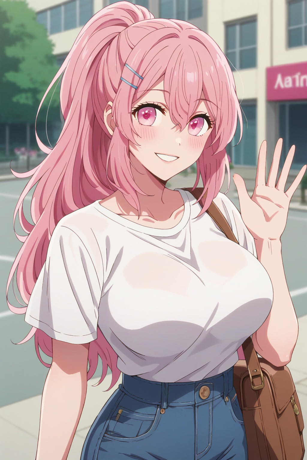 score_9, score_8_up, score_7_up, source_anime, 1girl, prefect lighting, very aesthetic, intricate details, highly detailed background, masterpiece, high quality, prefect hands, best quality, solo,
<lora:Minami_Kotobuki_Oshi_No_Ko_V1:.85>, KJOminami, long hair, pink hair, pink eyes, hair between eyes, hair pin,
high waist jeans, t-shirt, brown bag, ponytail, 
smile, waving, head tilt, blush, looking at viewer, 
city, street,
(Beautiful, large Breasts:1.2), natural breasts,