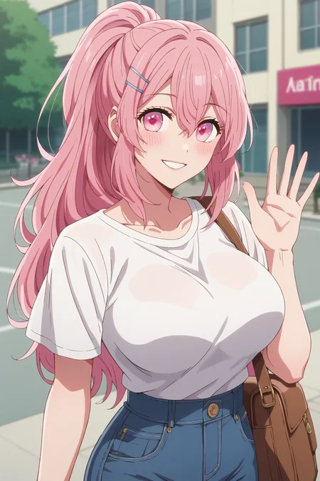 score_9, score_8_up, score_7_up, source_anime, 1girl, prefect lighting, very aesthetic, intricate details, highly detailed background, masterpiece, high quality, prefect hands, best quality, solo,
<lora:Minami_Kotobuki_Oshi_No_Ko_V1:.85>, KJOminami, long hair, pink hair, pink eyes, hair between eyes, hair pin,
high waist jeans, t-shirt, brown bag, ponytail,
smile, waving, head tilt, blush, looking at viewer,
city, street,
(Beautiful, large Breasts:1.2), natural breasts,