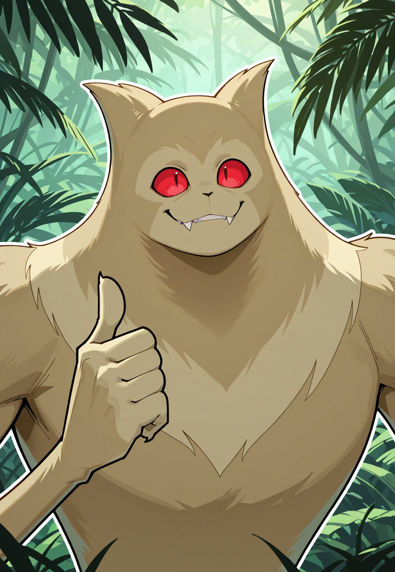 safe_pos, score_9, score_8, score_7, score_6_up, ((1.0:Fiskerton,) monster, solo, male, red eyes, tan fur, furry, fangs,) teeth, smiling, face focus, close-up, thumb up, 2d, illustration, thick outline, shading, negativeXL_D, jungle, outdoors, broad shoulders, long arms, medium shot,