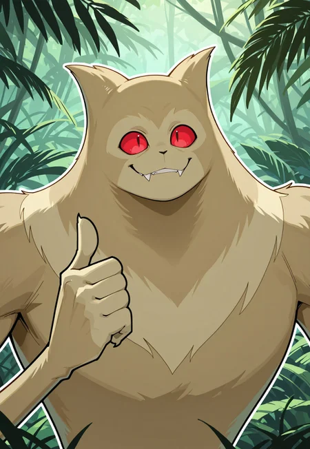 safe_pos, score_9, score_8, score_7, score_6_up, ((1.0:Fiskerton,) monster, solo, male, red eyes, tan fur, furry, fangs,) teeth, smiling, face focus, close-up, thumb up, 2d, illustration, thick outline, shading, negativeXL_D, jungle, outdoors, broad shoulders, long arms, medium shot,