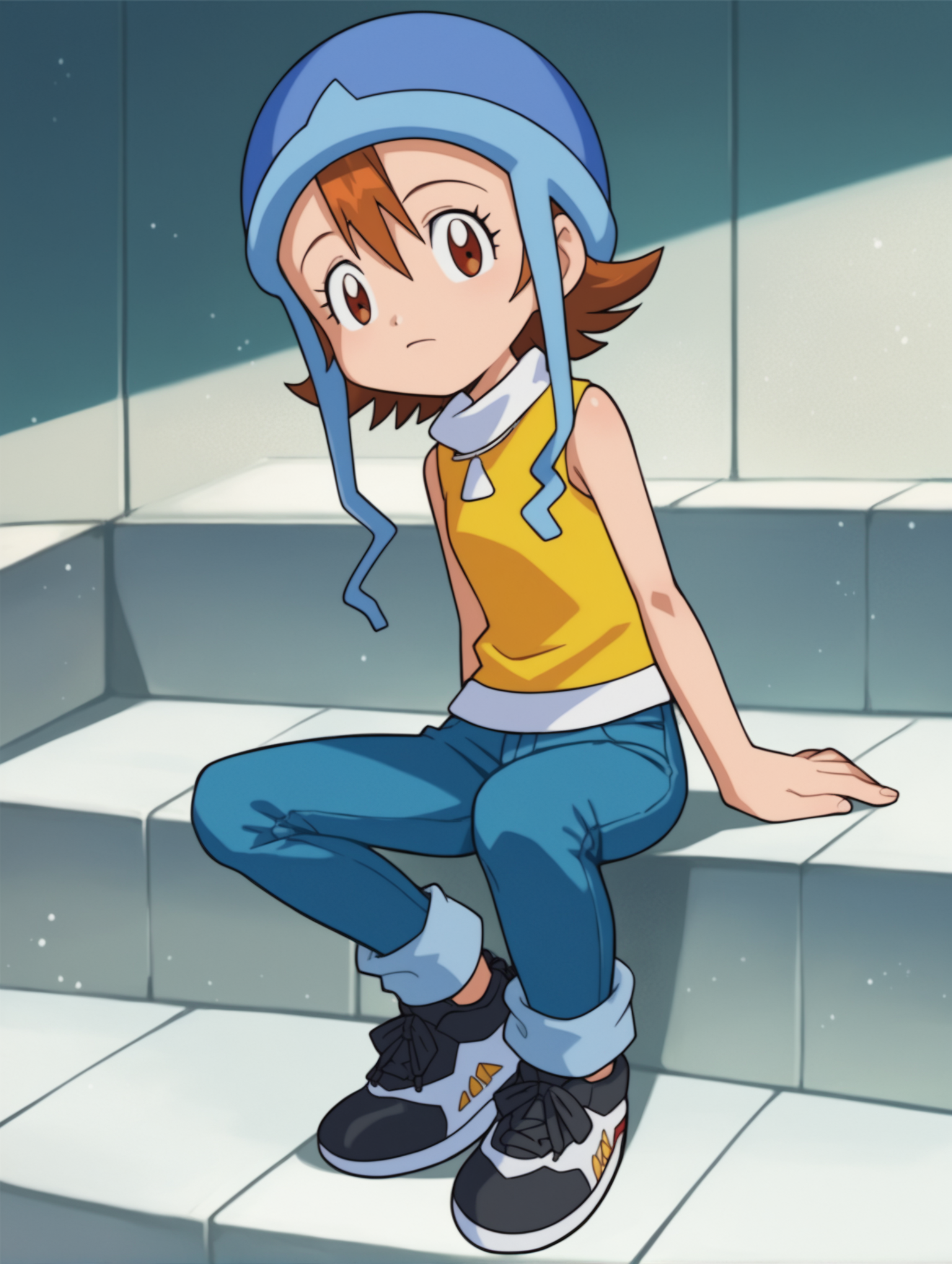 score_9, score_8_up, score_7_up, score_6_up, score_5_up, score_4_up, source_anime, BREAK
looking at viewer,  <lora:Digimon:0.8> digimon, 1girl, solo, sora, brown hair, brown eyes, short hair, hair between eyes, blue helmet, hat straps, yellow turtleneck, sleeveless, white collar, jeans, black sneakers,