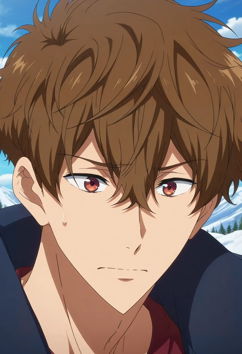 masterpiece, best quality, , anime screencap, anime coloring, , , 1boy, solo, male focus, <lora:natsuya_kirishima_ilxl:0.96>, natsuya_kirishima, brown hair, brown eyes, short hair, hair between eyes, bangs, upper body, snowy mountain, day, clouds, slouching, nervous,
