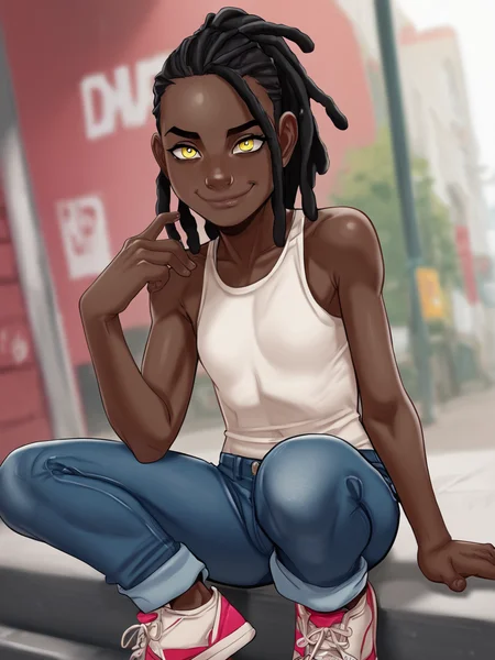 score_9, score_8_up, score_7_up, score_6_up, BREAK, LilTaniyah, Andystyle, 1girl, flat chest, black hair, dreadlocks, dark skin, yellow eyes, closed mouth, smile, white shirt, jeans, sneakers <lora:LilTaniyah:1>