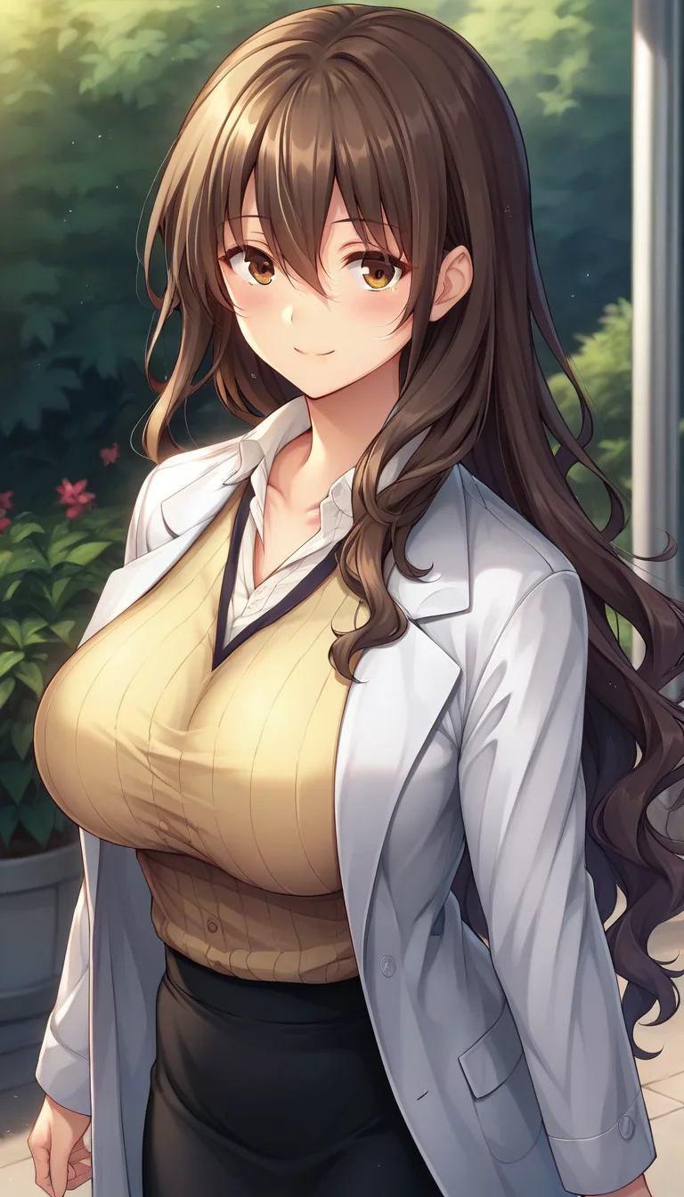 score_9,score_8_up,score_7_up,score_6_up BREAK official art,solo,outdoors,upper body,(portrait:1.5),looking at viewer,facing viewer,smile,blush,Makiura Sayaka,very long hair,brown hair,shiny hair,wavy hair,hair over shoulder,sidelocks,hair between eyes,bangs,brown eyes,collarbone,labcoat,white coat,yellow sweater,ribbed sweater,v-neck,collared shirt,white shirt,dress shirt,long sleeves,large breasts,long skirt,black skirt,black pantyhose,high heels,mary janes,black footwear,<lora:Makiura Sayaka(zasoo)-Pony:1.2>,