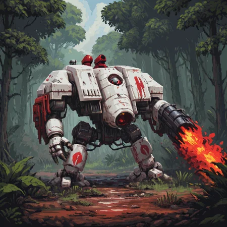 a four meter tall white and red drdnght machine with heavy gun and rocket pod walks through deep jungle mud searching for enemies who hide behind trees and bushes waiting in ambush, fire and flames spit from its flamethrower,