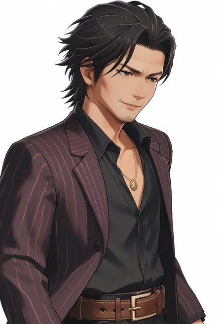 score_9, score_8_up, score_7_up, source_anime, 1boy, solo, smile
<lora:zs_FEWarriorsPortraitsXL:1.1> fewarriorsportraits, portrait, white background
<lora:akiyama-guy-PONYv1:1> akiyama, necklace jacket, black shirt, striped, suit, belt, black pants, formal