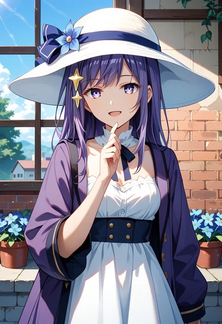 score_9,score_8_up,score_7_up,source_anime, maha_(ansatsu_kizoku),1girl,solo,looking at viewer,smile,open mouth,hair ornament,dress,hat,ribbon,jacket,upper body,purple hair,flower,sidelocks,outdoors,day,indoors,hand up,star \(symbol\),window,white headwear,hat ribbon,blue flower,sun hat,star hair ornament,hat flower,purple jacket,brick wall