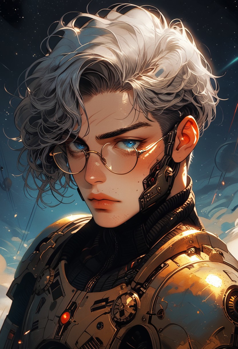 Safe_pos, (score_9, score_8_up, score_8), ultra detailed, high resolution, high quality, masterpiece, intricate details, intricate body, intricate landscape, knva, Expressiveh, European Male, (((1male))), ((male)), source_cartoon, Slender, Handsome, Masculine, ((Grey Hair, Short Hair)), (Circular Eyeglasses), (Undercut), (((Dark Facial Hair, Thick Stubble, Heavy Stubble, Light Beard))), Handsome, (Pale Skin, Delicate and Smooth Skin, Highly Detailed, Strong Jawline), (Blue Eyes), Artificer, (Steampunk Power Armor in the style of fallout-power-armor, space_space, white armor with gold-trim, magic power armor, jewels), Fantasy, Medieval, Steampunk, Space-Suit, Scholar Vibes, ((Extremely Detailed Face and Eyes)), Looking at Viewer, Soft Lighting, Warm Lighting, Unique Angle, Unique Perspective, Dramatic Angle, ((Full Body)), From Above,