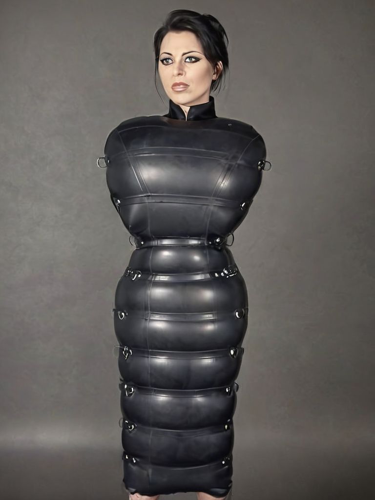 woman in plump matte black infltltx sheath with reinforcements, <lora:infltltx:1>