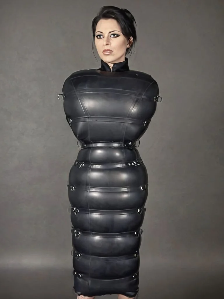 woman in plump matte black infltltx sheath with reinforcements, <lora:infltltx:1>
