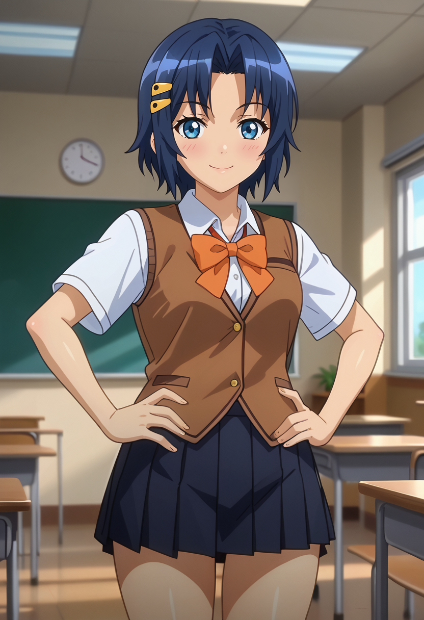 score_7_up, anime screencap,
<lora:RyouSeibai_MukuchiKuuXL:0.9>, MukuchiKuu,
1girl, solo, smile, blush,
short hair, blue hair, blue eyes, hairclip, 
school uniform, brown vest, white shirt, short sleeves, orange bowtie, pleated skirt, black skirt,
thigh gap, standing, looking at viewer, hands on own hips,
blurry background, indoors, classroom
