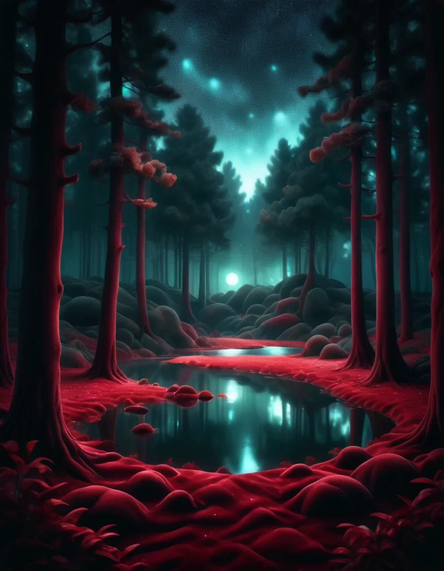 (masterpiece, best quality, photorealistic, beautiful and aesthetic:1.3), Fantasy Forest, a small lake in a forest, luminescent, night, glowing, light of particles, no people <lora:ral-rdvlv:1> ral-rdvlv