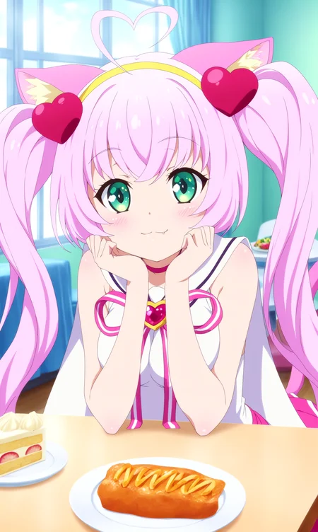 masterpiece, best qualify, beautiful eyes, zzRosia, 1girl, animal ears, cat ears, solo, ahoge, food, twintails, heart ahoge, cat tail, heart, tail, green eyes, long hair, pink hair, cake, cat girl, indoors, looking at viewer, window, table, smile, hair ornament, sleeveless, blush, breasts, :3, hairband, plate, sitting, yellow hairband, bangs, very long hair, shirt, curtains, medium breasts, choker
