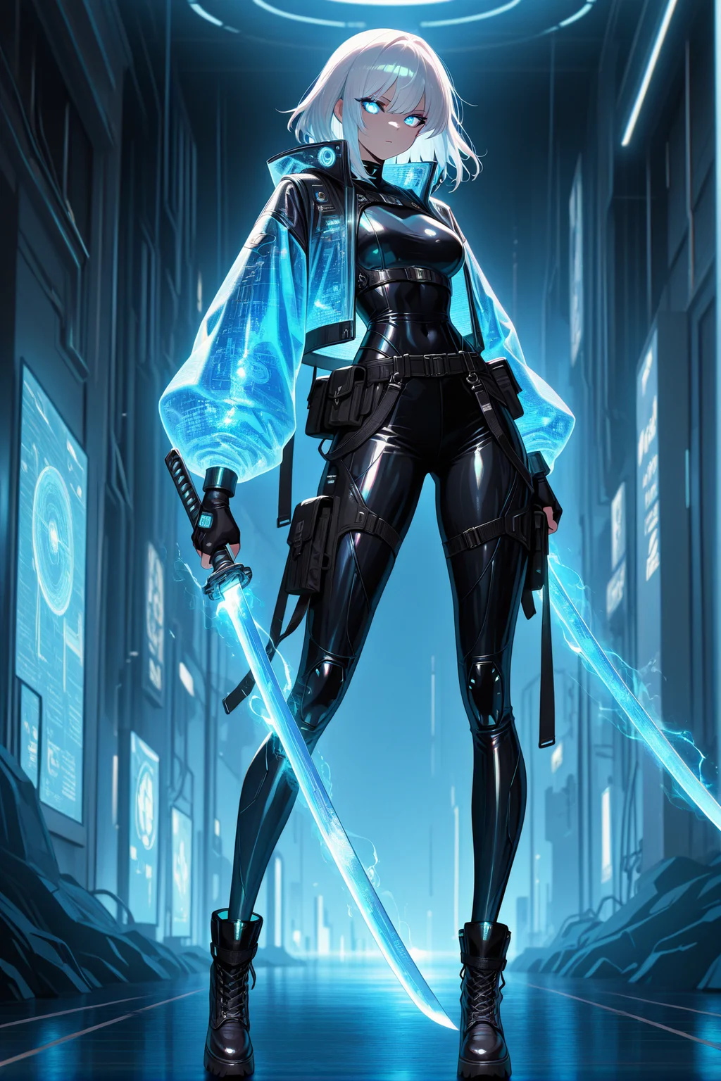 masterpiece, best quality, amazing quality, very aesthetic, absurdres, newest, volumetric lighting,
HoloMinimal, 
1girl, solo, combat-ready pose, holding a high-tech glowing katana, short spiky white hair with streaks of electric blue, intense glowing red cybernetic eyes, futuristic samurai-style armored jacket with holographic plating, skintight black combat pants with neon seams, fingerless gloves with embedded energy shields, high-platform combat boots reinforced with anti-gravity tech, soft glowing mist swirling at her feet, neon-lit cyber metropolis in the background, deep blue and magenta color contrast, anime-style dynamic action scene, hyper-detailed lighting and cinematic polish,
, <lora:Holo_Style:0.8>,