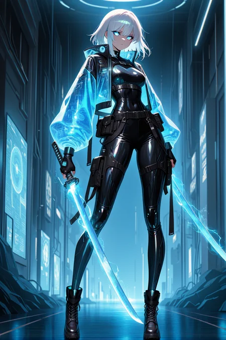 masterpiece, best quality, amazing quality, very aesthetic, absurdres, newest, volumetric lighting,
HoloMinimal,
1girl, solo, combat-ready pose, holding a high-tech glowing katana, short spiky white hair with streaks of electric blue, intense glowing red cybernetic eyes, futuristic samurai-style armored jacket with holographic plating, skintight black combat pants with neon seams, fingerless gloves with embedded energy shields, high-platform combat boots reinforced with anti-gravity tech, soft glowing mist swirling at her feet, neon-lit cyber metropolis in the background, deep blue and magenta color contrast, anime-style dynamic action scene, hyper-detailed lighting and cinematic polish,
, <lora:Holo_Style:0.8>,