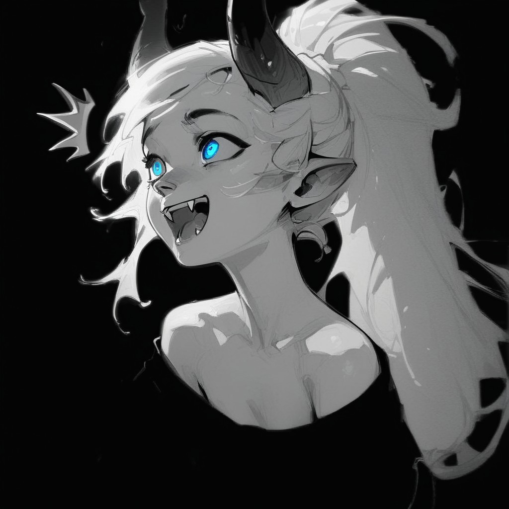 (Blend_in, black background), score_9, score_8_up, score_7_up, masterpiece, best quality, absurdres, vibrant, highly detailed, sketch, monochrome, greyscale, spot color, upper body, 1girl, Lynn Pink, blue eyes, ponytail, tail, horns, pointy ears, fangs, (((adult))), small breasts, simple black shirt, long sleeves, off shoulder, no bra, happy, (^^, :D:1.5)