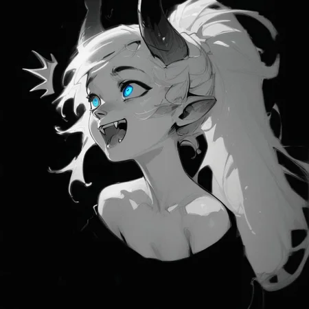 (Blend_in, black background), score_9, score_8_up, score_7_up, masterpiece, best quality, absurdres, vibrant, highly detailed, sketch, monochrome, greyscale, spot color, upper body, 1girl, Lynn Pink, blue eyes, ponytail, tail, horns, pointy ears, fangs, (((adult))), small breasts, simple black shirt, long sleeves, off shoulder, no bra, happy, (^^, :D:1.5)