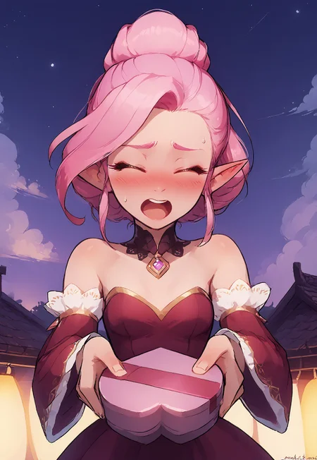 safe_pos, score_9, score_8_up, score_8, 1girl , solo, comedic sweatdrop, sexy elf woman, pink hair, elegant updo, eyeliner, perfect face, small breasts, bare shoulders, detached sleeves, dress, portrait,<lora:heart-shaped-box-ponyxl-lora-nochekaiser:1>, heart-shaped box, holding, box, gift, valentine, incoming gift, closed eyes, blush, open mouth, outstretched arms, outdoors, night sky, clouds, shouting, nervous, volumetric lighting, cinematic lighting, outdoors, festival