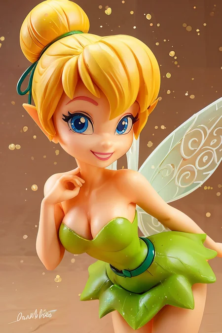 score_9, score_8_up, score_8, medium breasts, cute, eyelashes, figure, TinkerWaifu, magic particles, leaning forward, medium breasts, narrow waist, naughty face, smile, fairy wings, blue eyes, green dress, sexy, hair bun, looking at viewer, cowboy shot, <lora:tinkerbellPonyXL_character-10:0.8>, <lora:Anime_Figure_P1:0.8>,