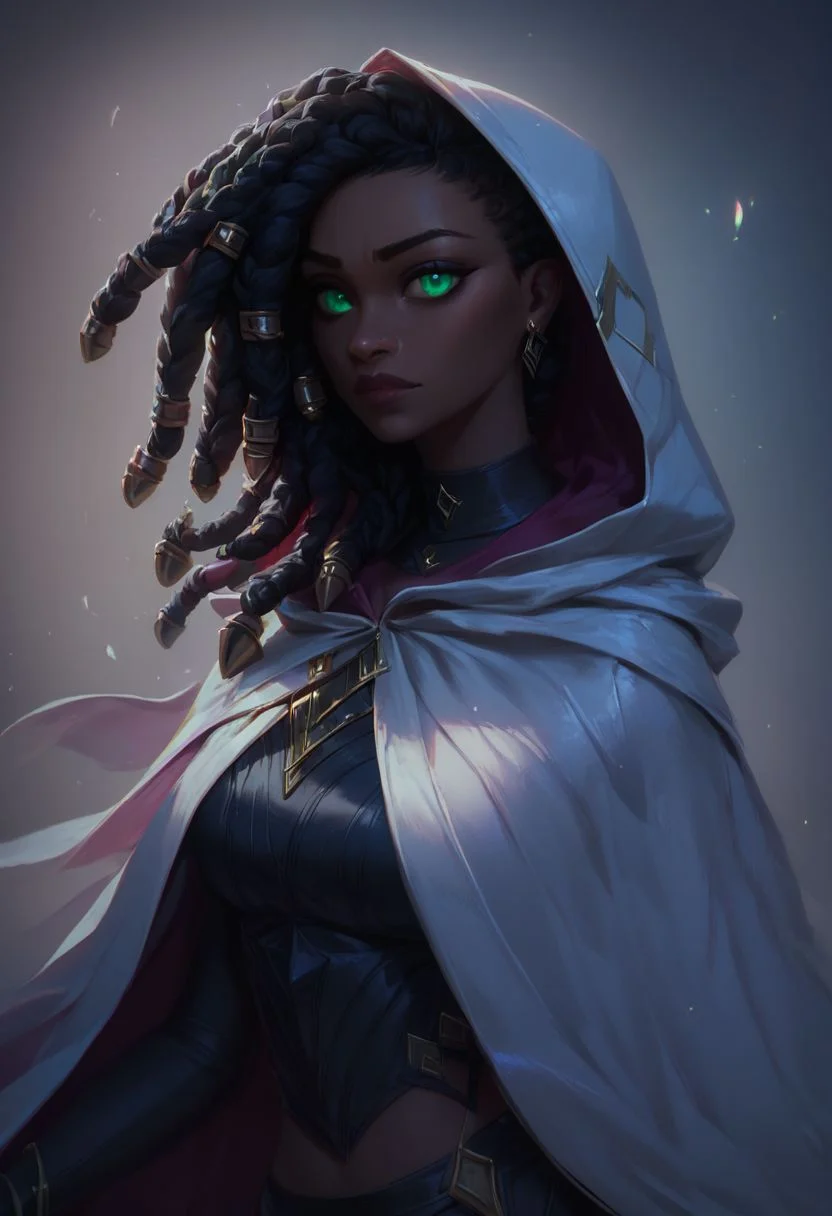 (((beautiful, hyper realistic, high quality))), portrait, score_9, score_8_up, score_7_up, realistic,
1girl, dark skin, green eyes, black dreadlock, black top, long black gloves, white hooded cape, black pants