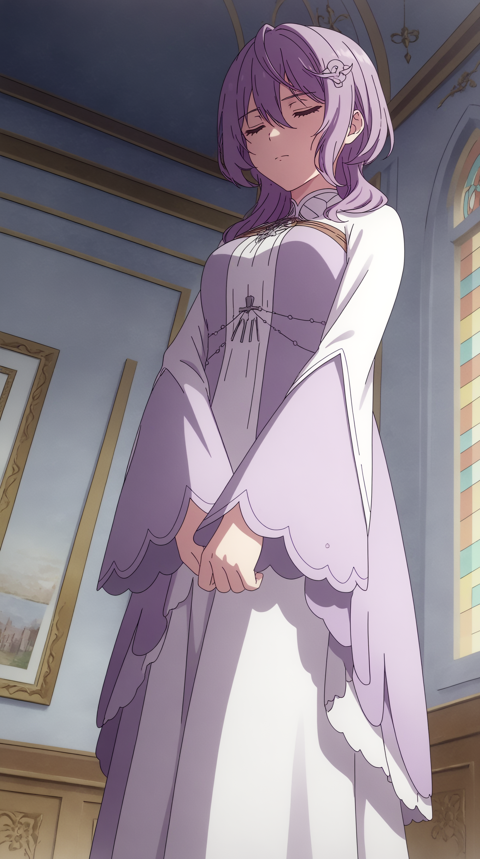 score_9, score_8_up, score_7_up, best background, detailed background, 4k, upscale, anime_source  Philia Parnacorta, Main Outfit, solo, closed mouth, standing, indoors, looking down, from below, painting \(object\), walking, church, stained glasses, closed eyes,  <lora:JN_Philia_Parnacorta_Pony:0.8>