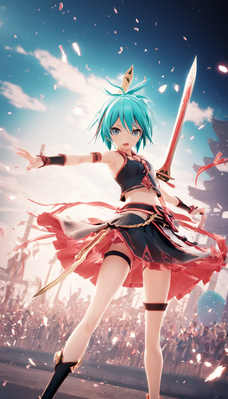 Cinematic scene, hero view, female warrior, action pose, detailed background, masterpiece, best quality, high quality, absurdres, mikumikudance, 3d, vocaloid <lora:mikumikudance_medium:1>